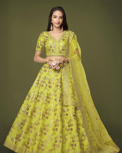 Neon Green Slub Silk Embroidered Lehenga Choli
