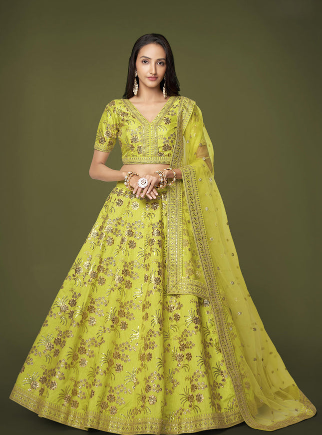 Neon Green Slub Silk Embroidered Lehenga Choli