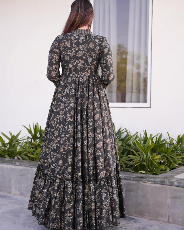 Charcoal Black Muslin Printed Indo Western