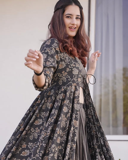 Charcoal Black Muslin Printed Indo Western