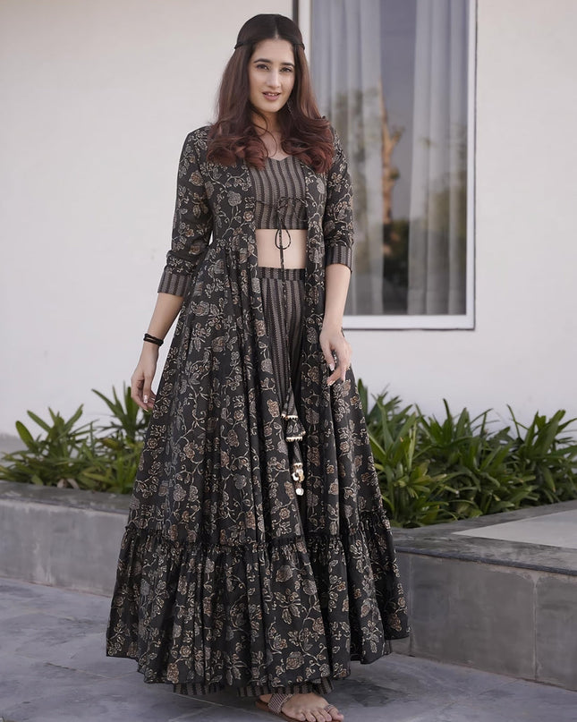 Charcoal Black Muslin Printed Indo Western