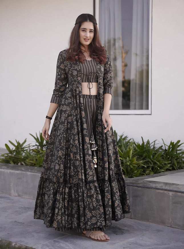 Charcoal Black Muslin Printed Indo Western