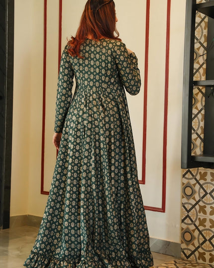 Pine Green Muslin Printed Indo Western