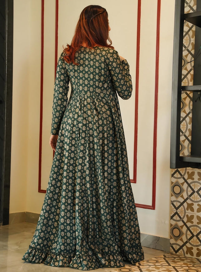 Pine Green Muslin Printed Indo Western
