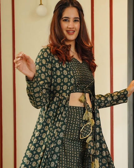 Pine Green Muslin Printed Indo Western