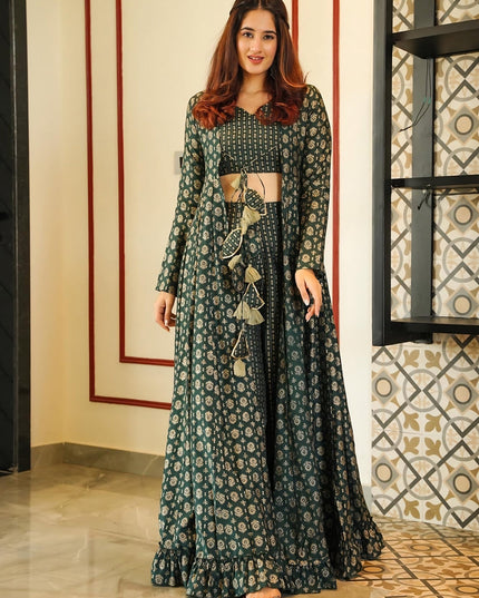 Pine Green Muslin Printed Indo Western