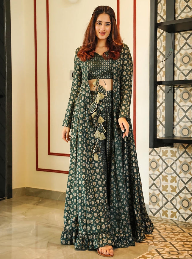 Pine Green Muslin Printed Indo Western