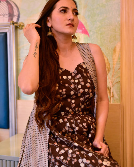 Chocolate Brown Muslin Printed Indo Western