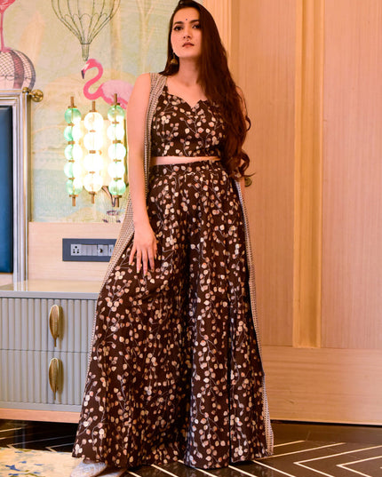 Chocolate Brown Muslin Printed Indo Western