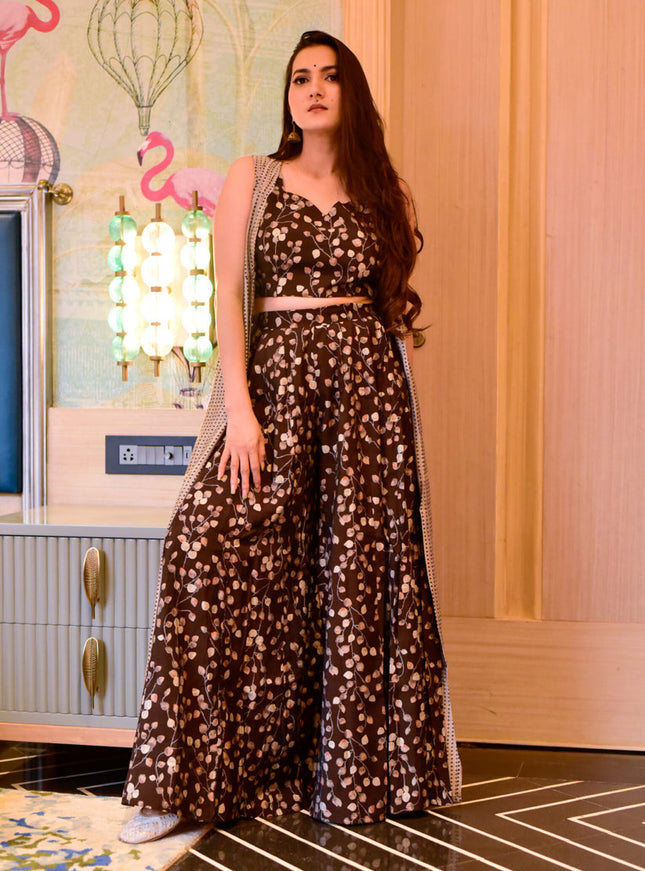 Chocolate Brown Muslin Printed Indo Western