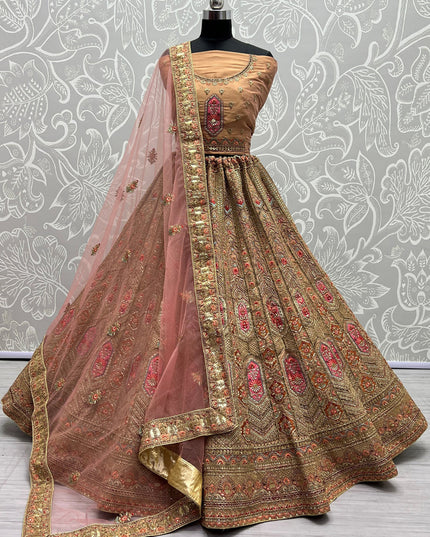 Apricot Net Embroidered Bridal Lehenga Choli