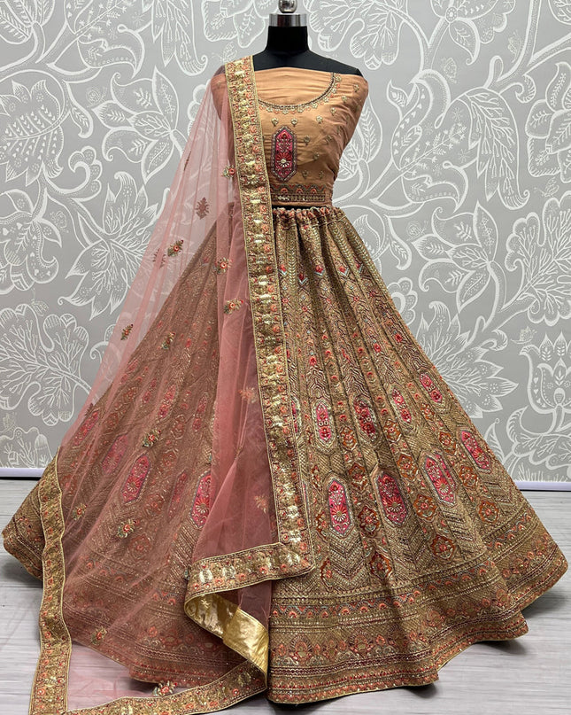 Apricot Net Embroidered Bridal Lehenga Choli