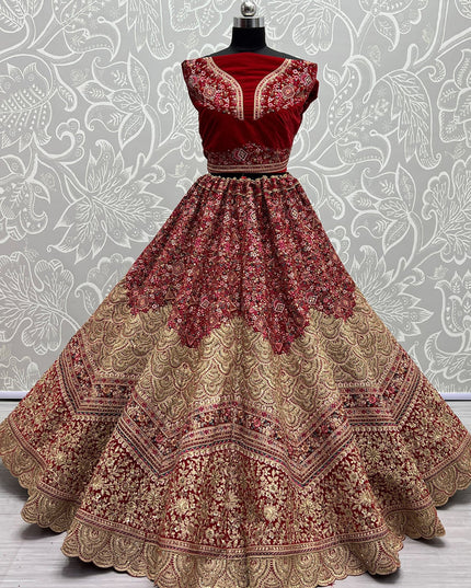 Cherry Red Velvet Embroidered Bridal Lehenga Choli