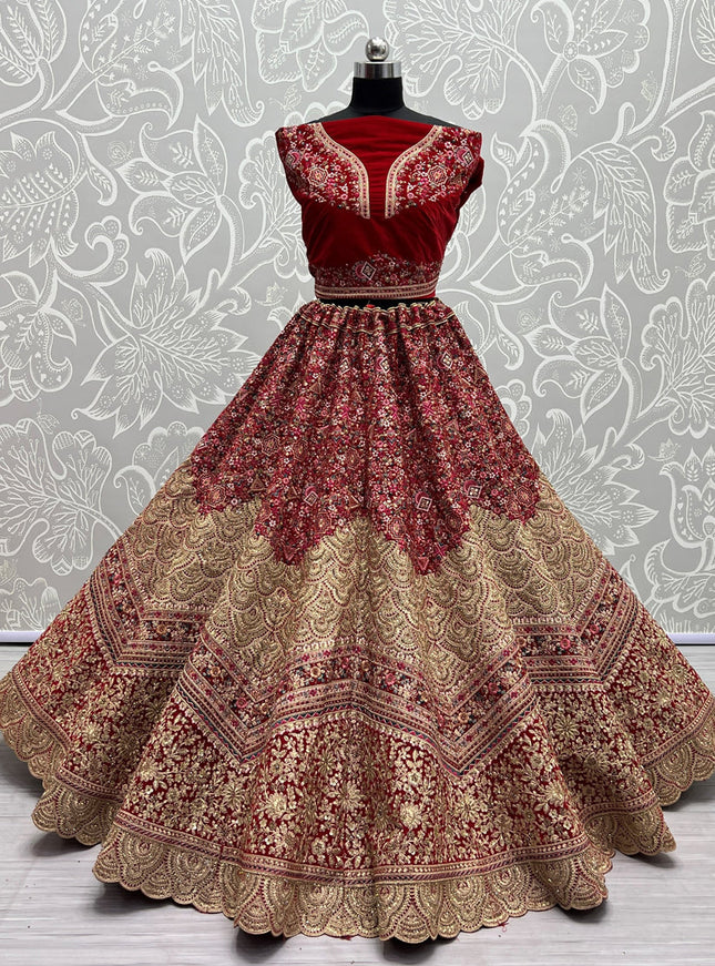 Cherry Red Velvet Embroidered Bridal Lehenga Choli