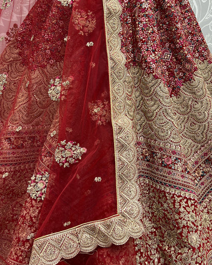 Cherry Red Velvet Embroidered Bridal Lehenga Choli
