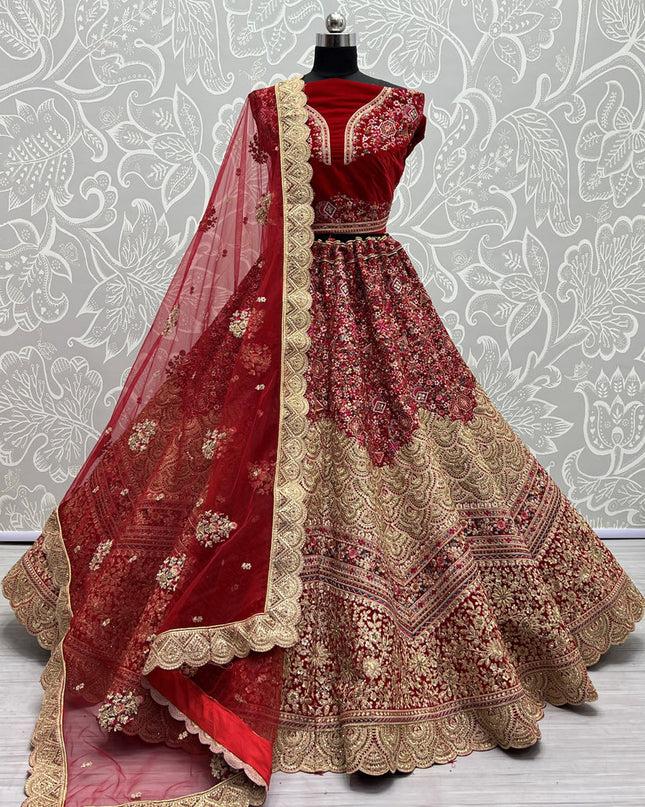 Cherry Red Velvet Embroidered Bridal Lehenga Choli