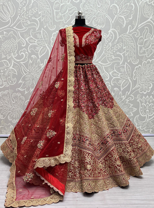 Cherry Red Velvet Embroidered Bridal Lehenga Choli