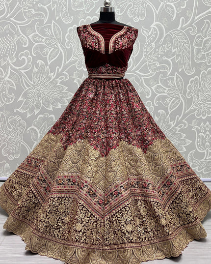 Maroon Velvet Embroidered Bridal Lehenga Choli