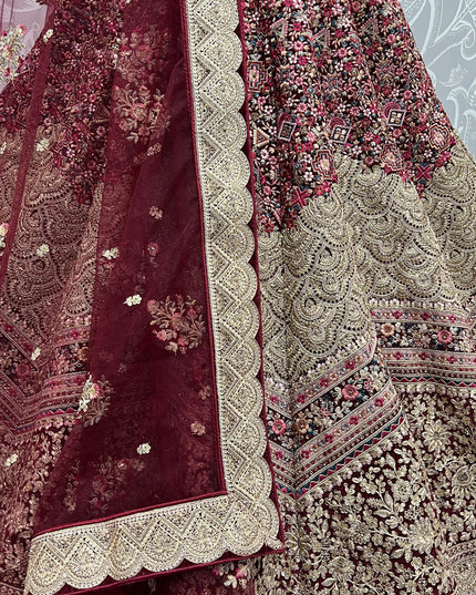 Maroon Velvet Embroidered Bridal Lehenga Choli