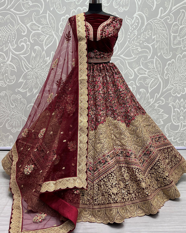 Maroon Velvet Embroidered Bridal Lehenga Choli