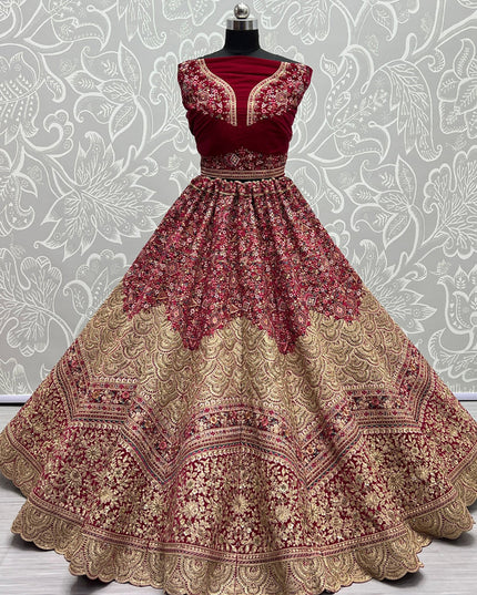 Raspberry Pink Velvet Embroidered Bridal Lehenga Choli
