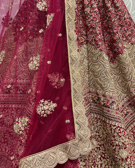 Raspberry Pink Velvet Embroidered Bridal Lehenga Choli