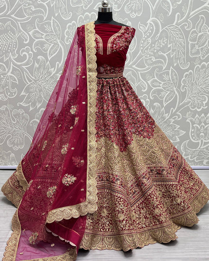 Raspberry Pink Velvet Embroidered Bridal Lehenga Choli