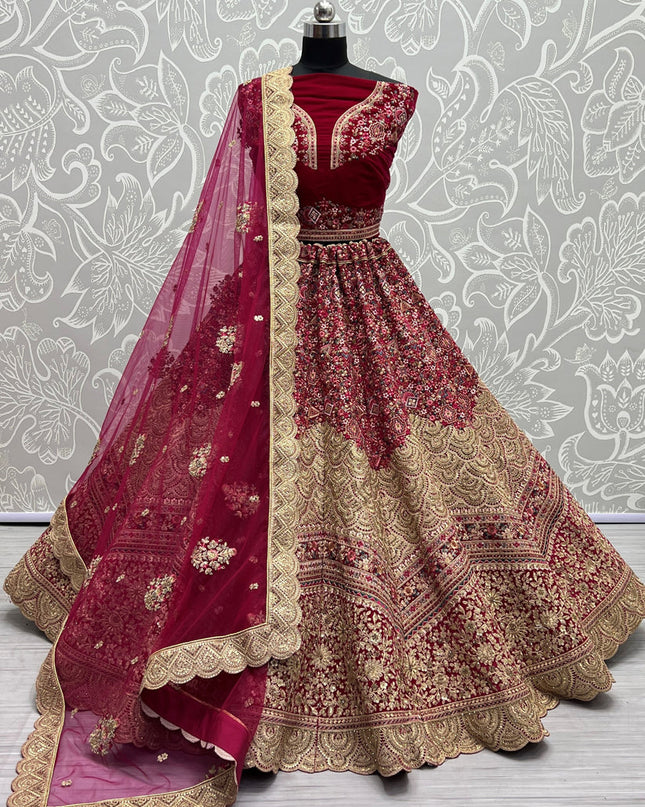 Raspberry Pink Velvet Embroidered Bridal Lehenga Choli