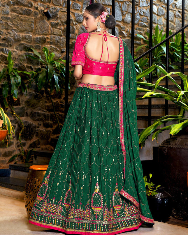 Pine Green Chinnon Embroidered Lehenga Choli