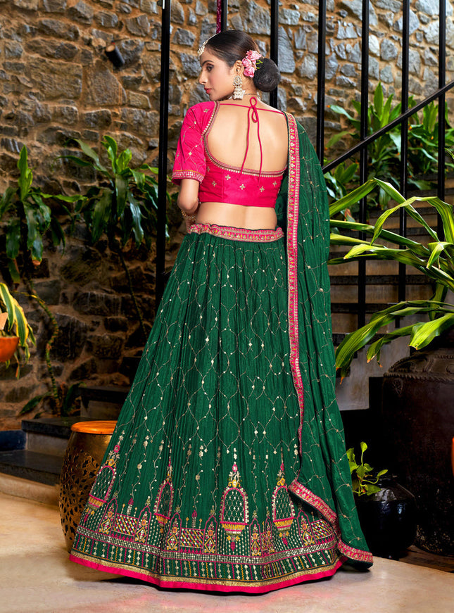 Pine Green Chinnon Embroidered Lehenga Choli