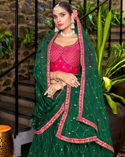 Pine Green Chinnon Embroidered Lehenga Choli