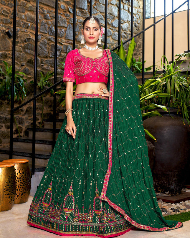 Pine Green Chinnon Embroidered Lehenga Choli