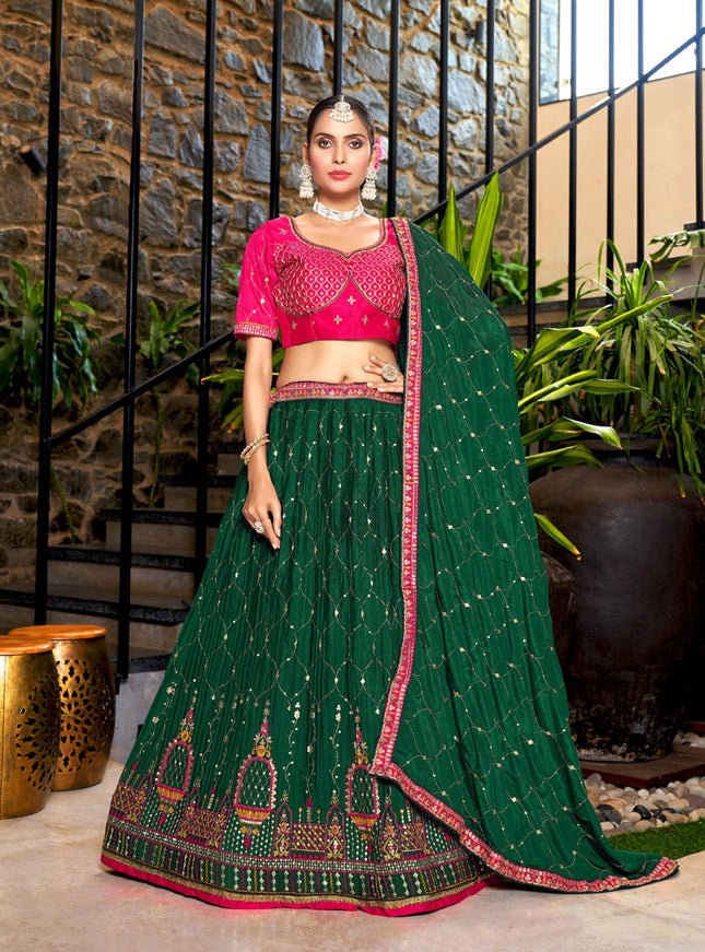 Pine Green Chinnon Embroidered Lehenga Choli