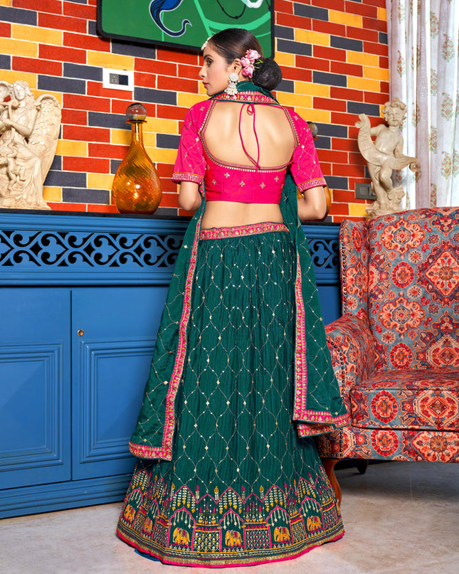Peacock Green Chinnon Embroidered Lehenga Choli