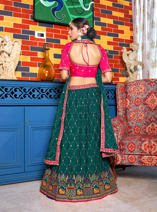 Peacock Green Chinnon Embroidered Lehenga Choli