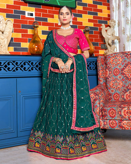 Peacock Green Chinnon Embroidered Lehenga Choli