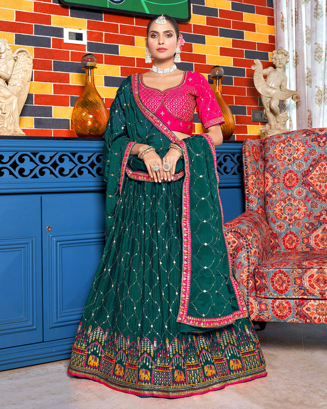 Peacock Green Chinnon Embroidered Lehenga Choli