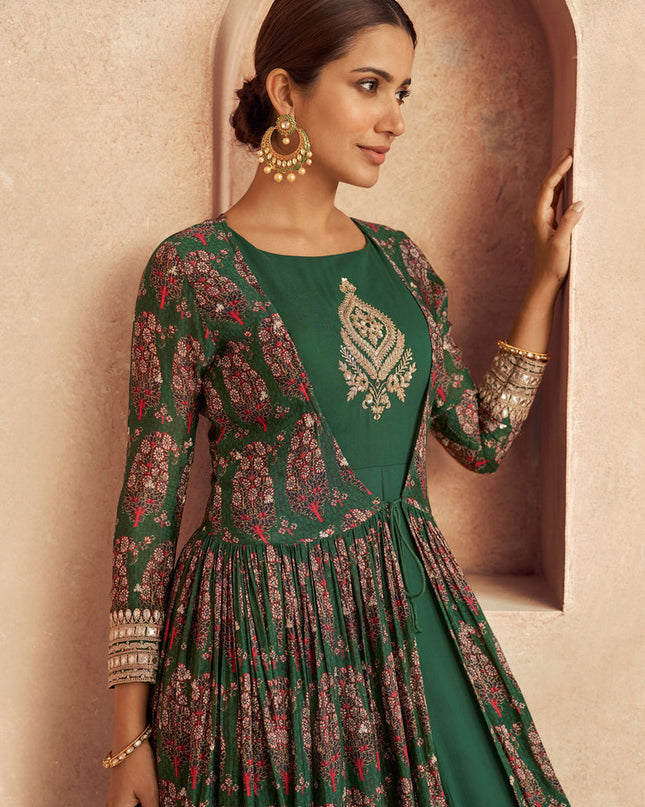 Green Chinon Embroidered Anarkali Suit