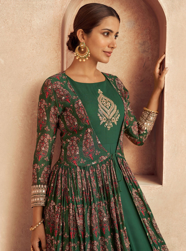 Green Chinon Embroidered Anarkali Suit