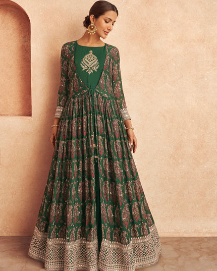 Green Chinon Embroidered Anarkali Suit