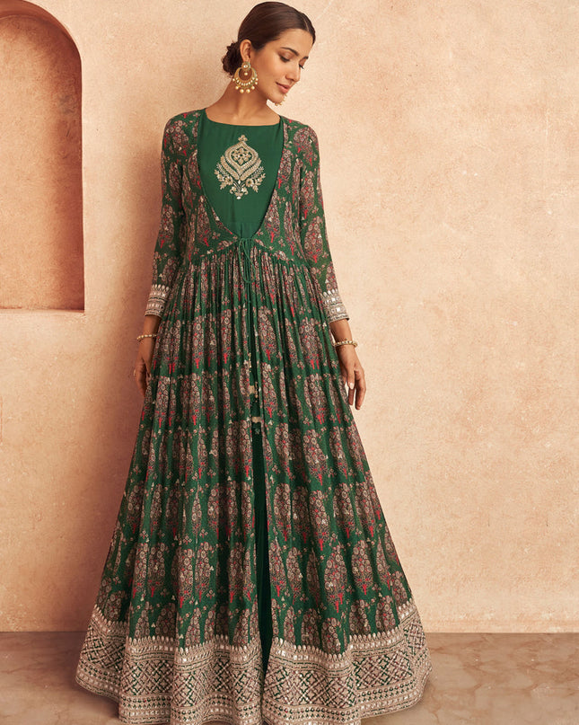Green Chinon Embroidered Anarkali Suit