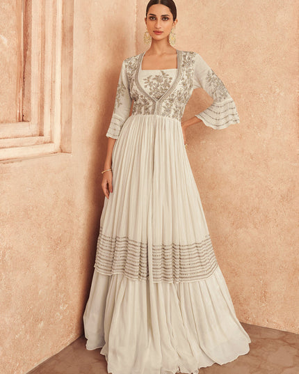 Off White Georgette Embroidered Anarkali Suit
