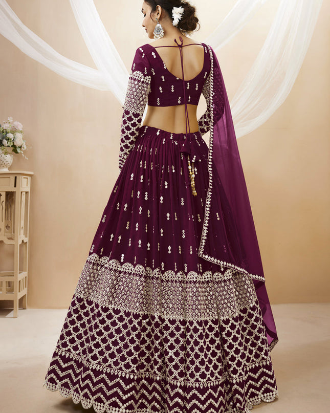 Wine Georgette Embroidered Lehenga Choli