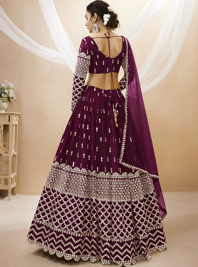 Wine Georgette Embroidered Lehenga Choli