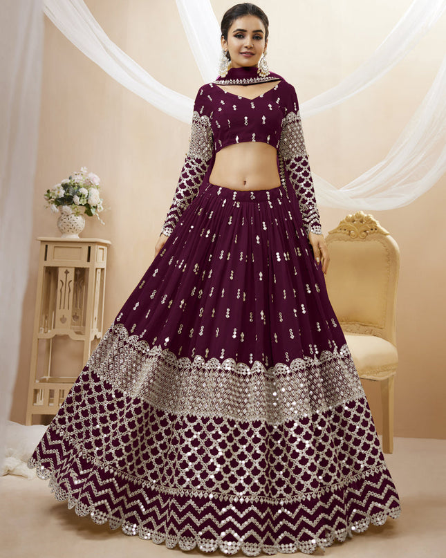 Wine Georgette Embroidered Lehenga Choli