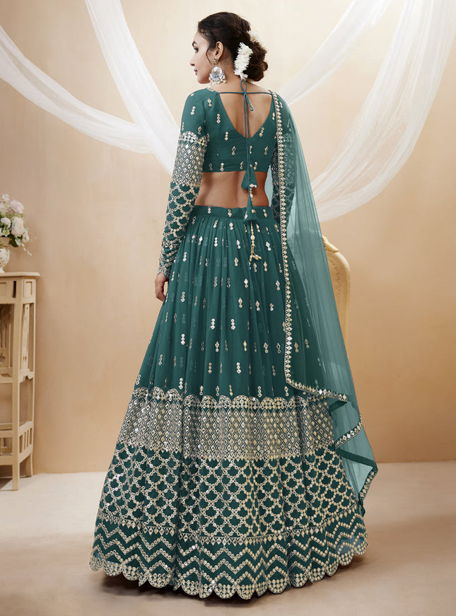Peacock Green Georgette Embroidered Lehenga Choli