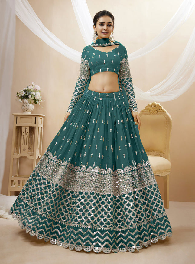Peacock Green Georgette Embroidered Lehenga Choli