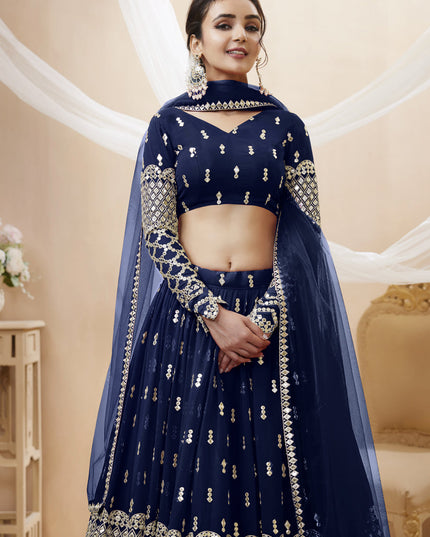 Navy Blue Georgette Embroidered Lehenga Choli