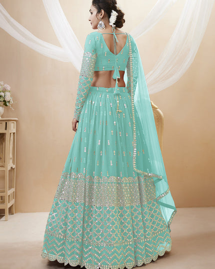 Aqua Blue Georgette Embroidered Lehenga Choli
