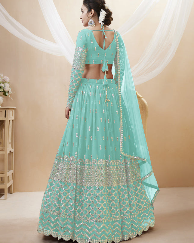 Aqua Blue Georgette Embroidered Lehenga Choli